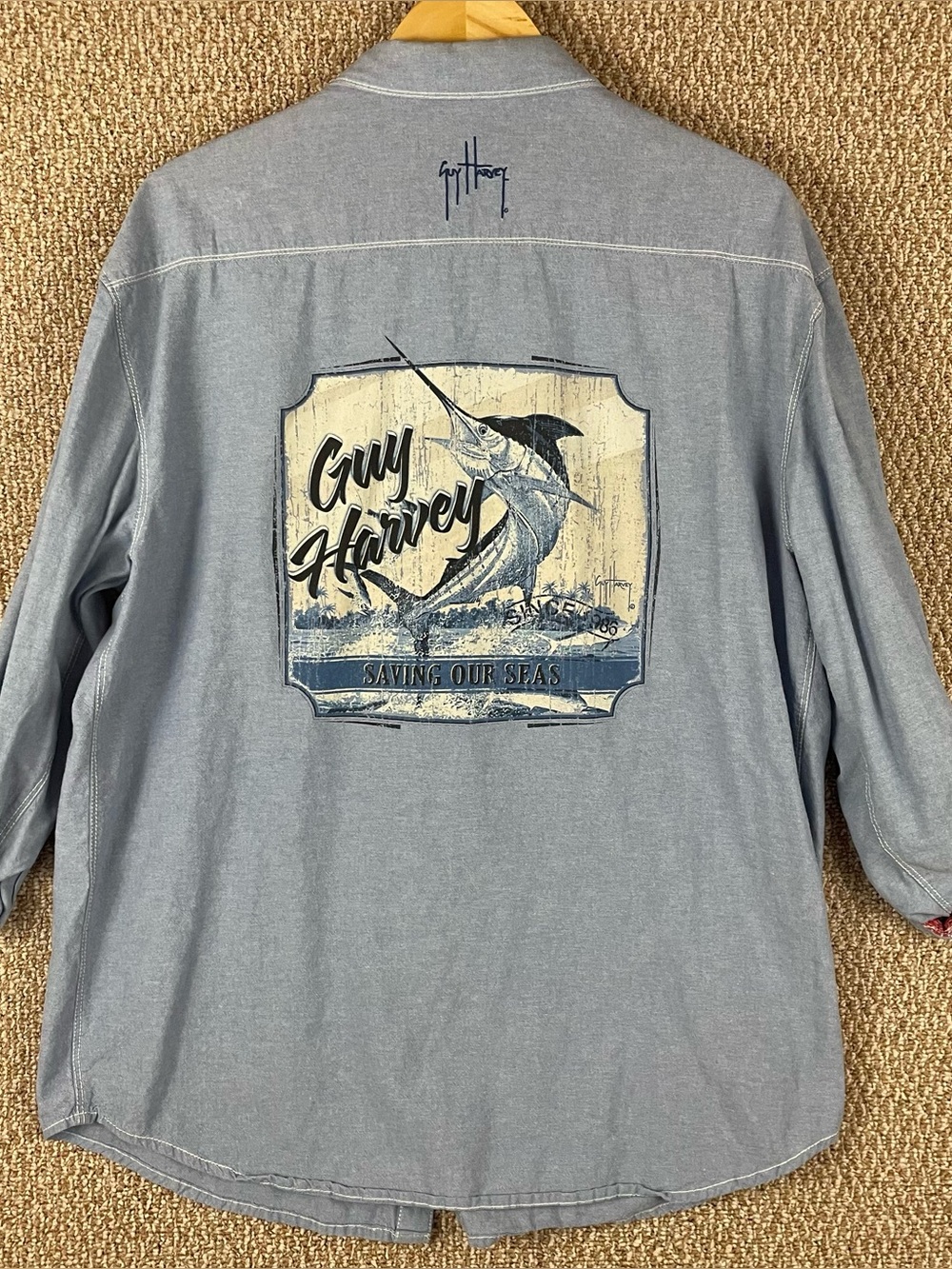 Guy Harvey Shirt Men's XL Blue Button-Up Long Sleeve Logo Graphic E294
